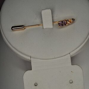 Antique Gold Tond Amethyst Crystal Stone Twisted Metal Hat Pin Lapel Tin Brooch